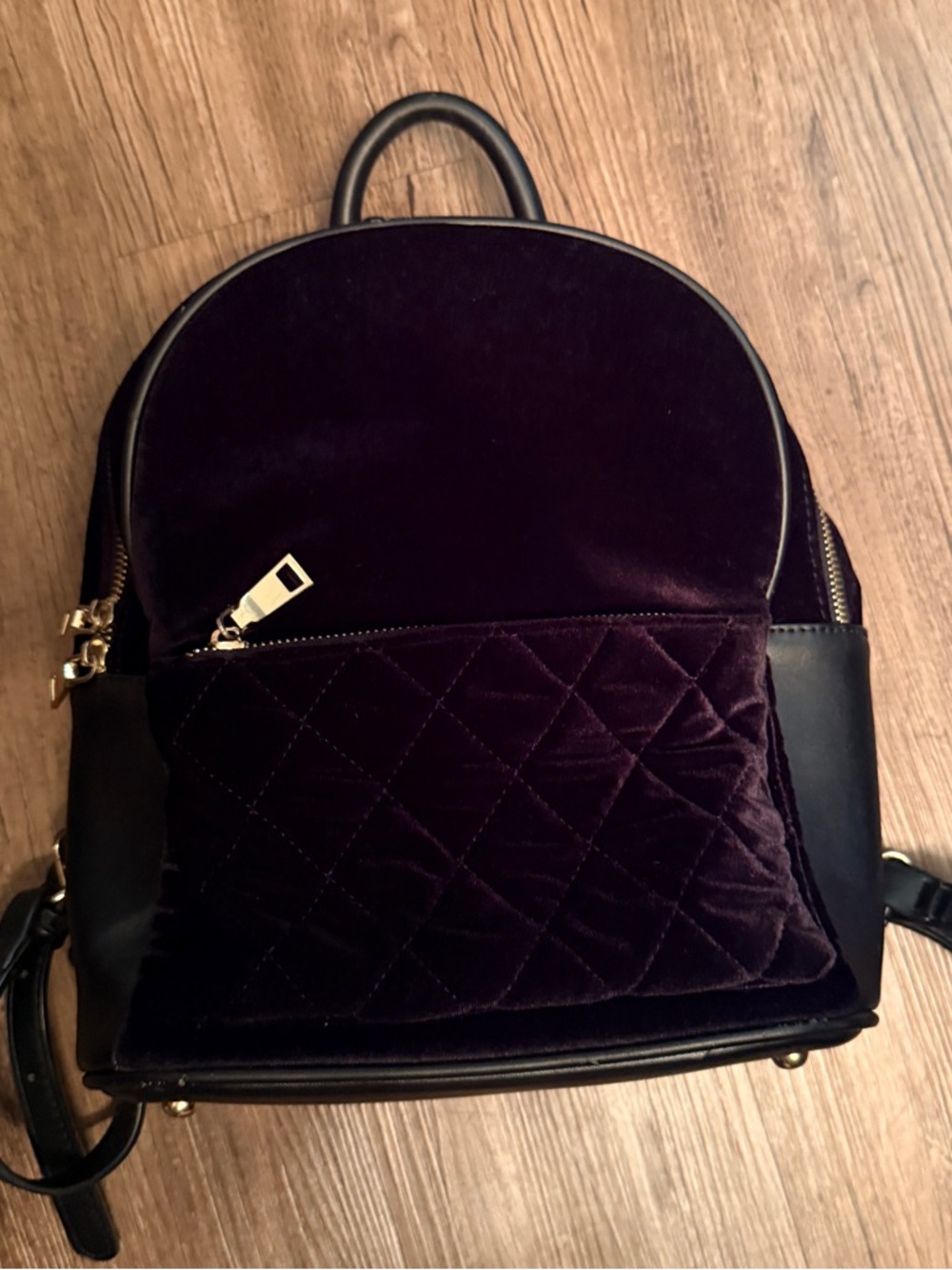 Quilted Velvet Mini Backpack in Deep Plum with Leather Trim